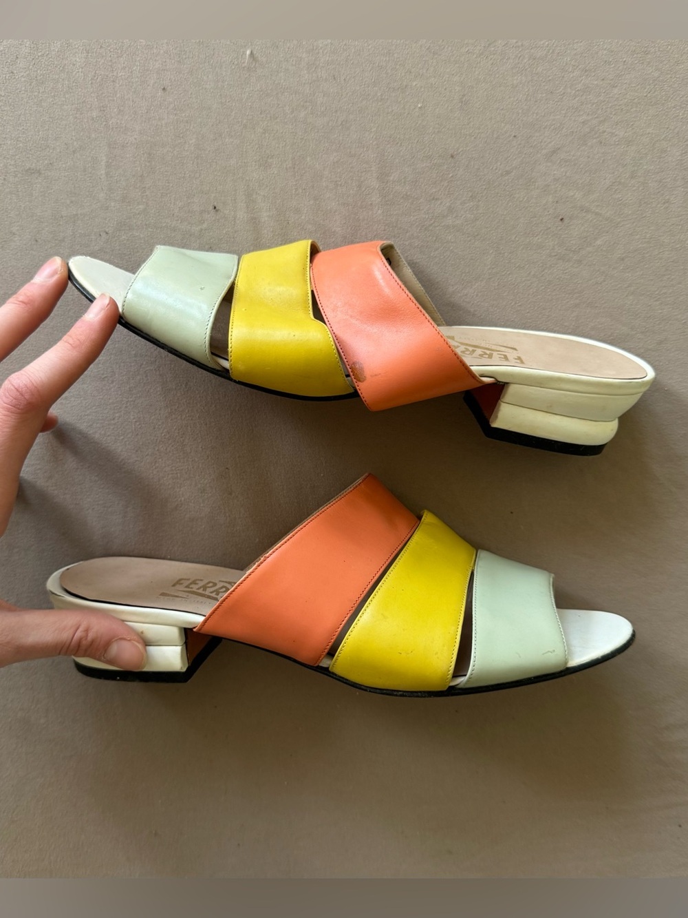 Vintage Salvatore Ferragamo colorblock leather slide sandals
